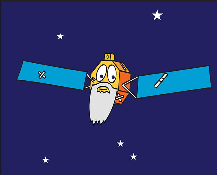 cartoon drawing of an old satellite with a beard