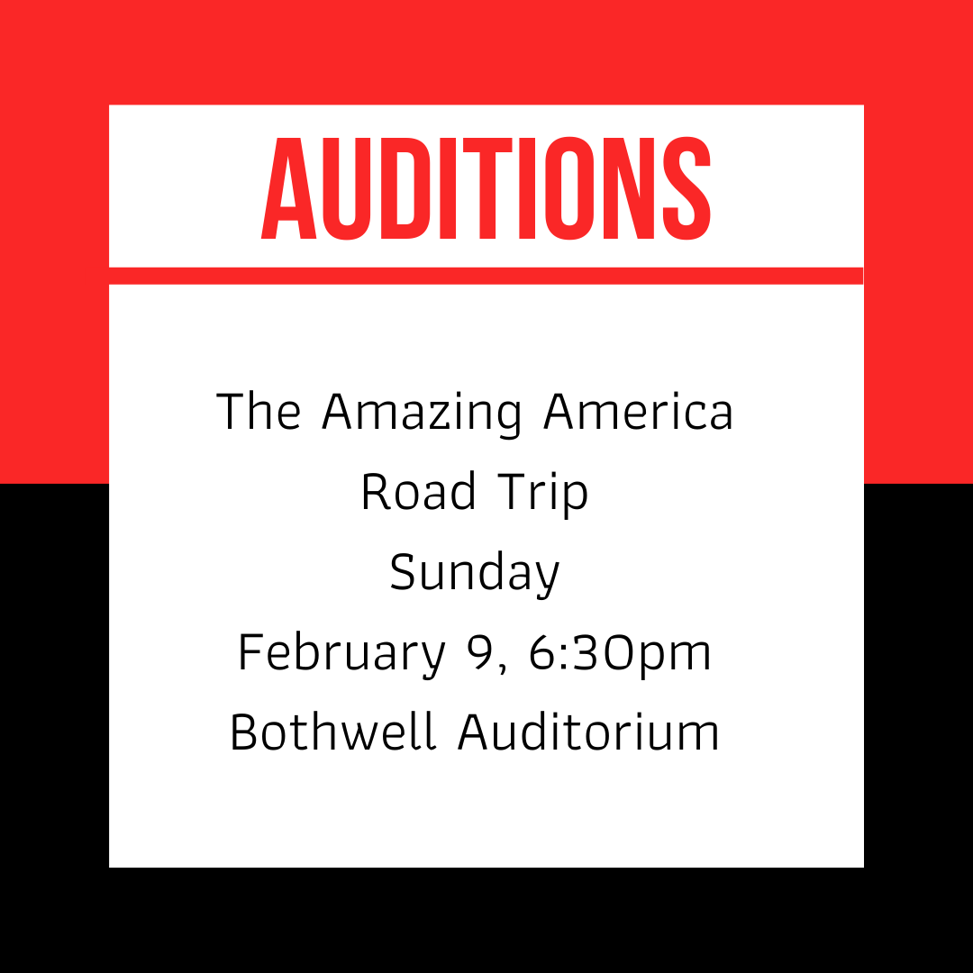 blackburnMUTH's tweet photo. The Department of Music and Theatre is holding auditions for the spring play, The Amazing America Road Trip by Rob Roznowski!

Auditions will take place on Sunday, February 9, at 6:30pm in Bothwell Auditorium.

Please email theatre@blackburn.edu for more information. https://t.co/eAaRNsMegc