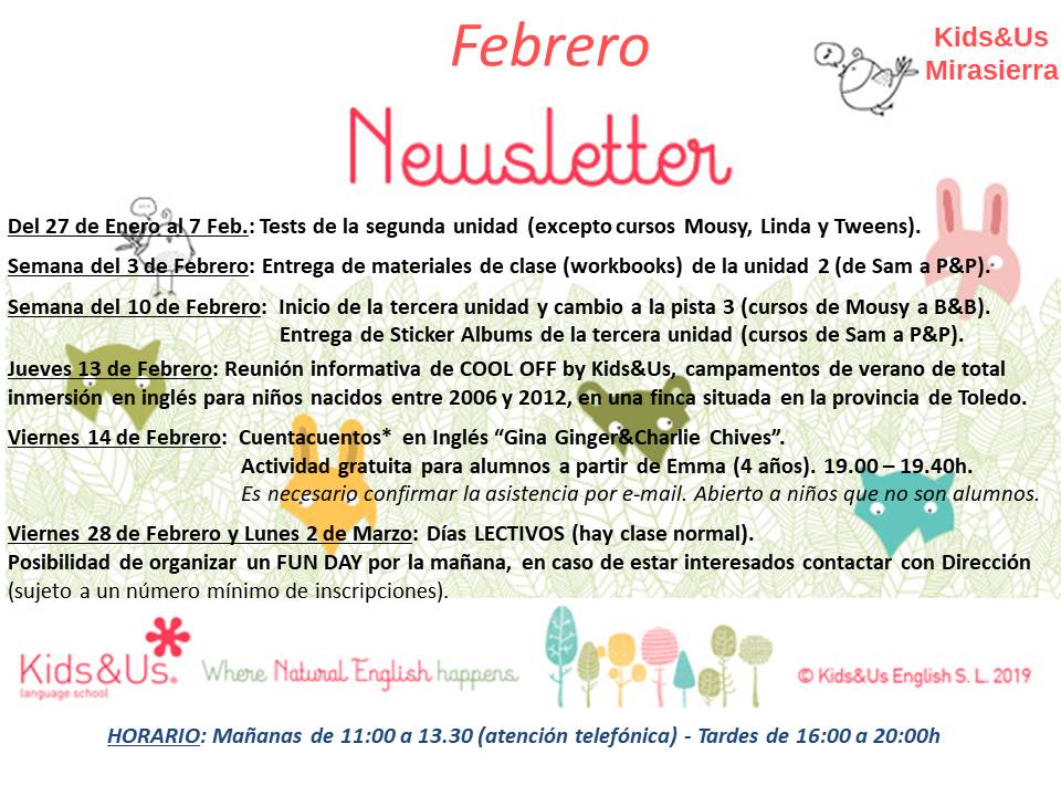 KMirasierra's tweet photo. Ya casi damos la bienvenida al mes de Febrero y con ello, llega nuestra Newsletter con todas las novedades previstas para este mes. ¡Apuntad las fechas! 📆
#kidsandusmirasierra #kidsandusmirasierranewsletter #Mirasierra https://t.co/arkwct7ee5