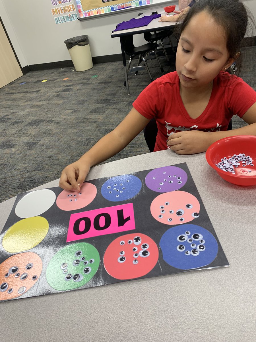 MsLPowellsClass's tweet photo. We had so much fun making our shirts for the 100th day of school tomorrow! They practiced making ten sets of ten so they would have 100 eyes for their shirt. @WillbernES #bewillbern https://t.co/2HBgY2ejST