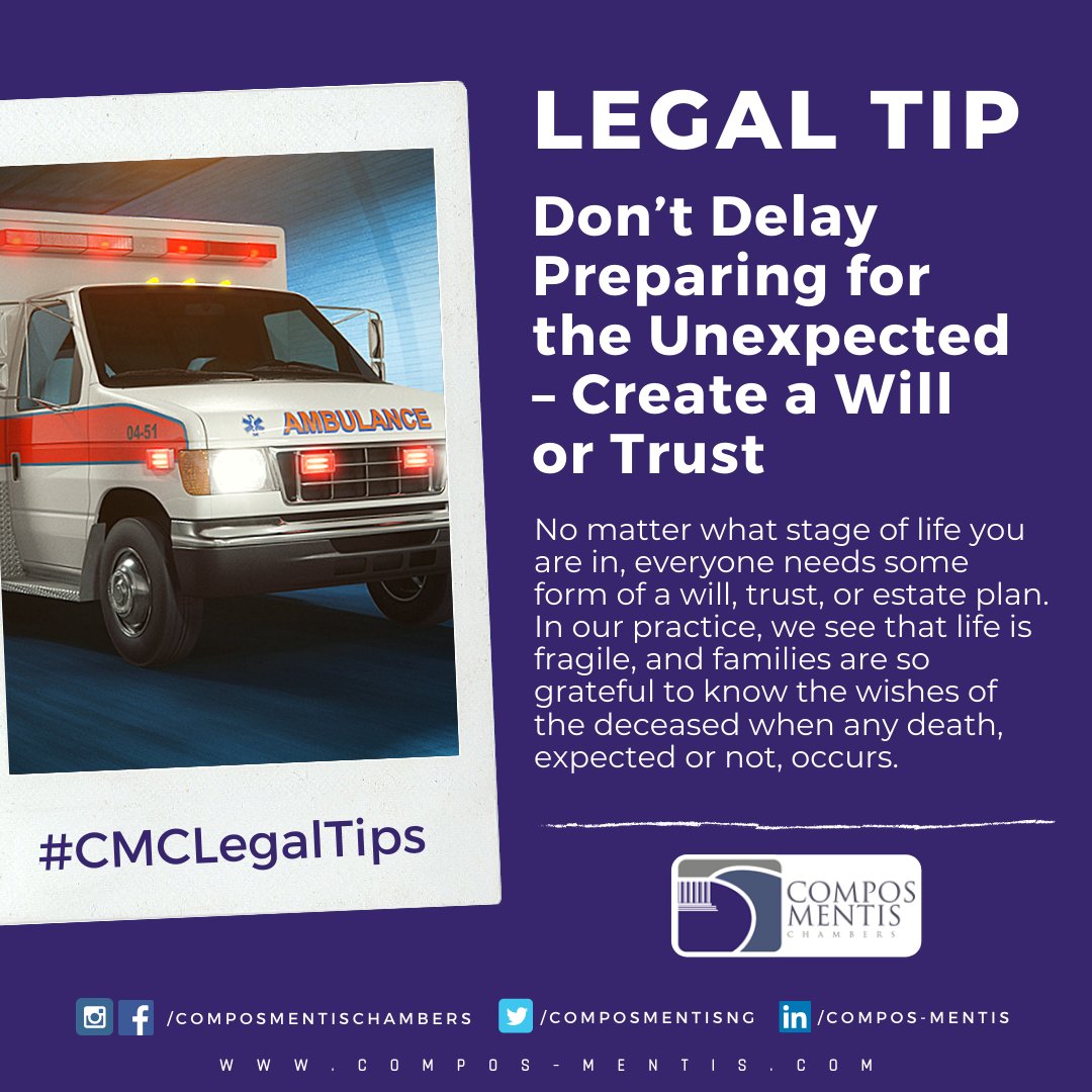 composmentisng's tweet photo. No matter what stage of life you are in, everyone needs some form of a #will, #trust, or estate plan. In our practice, we see that life is fragile, and families are so grateful to know the wishes of the deceased when any death, expected or not, occurs.
#CMCLegalTips #Legal https://t.co/9NtgLqTDuZ