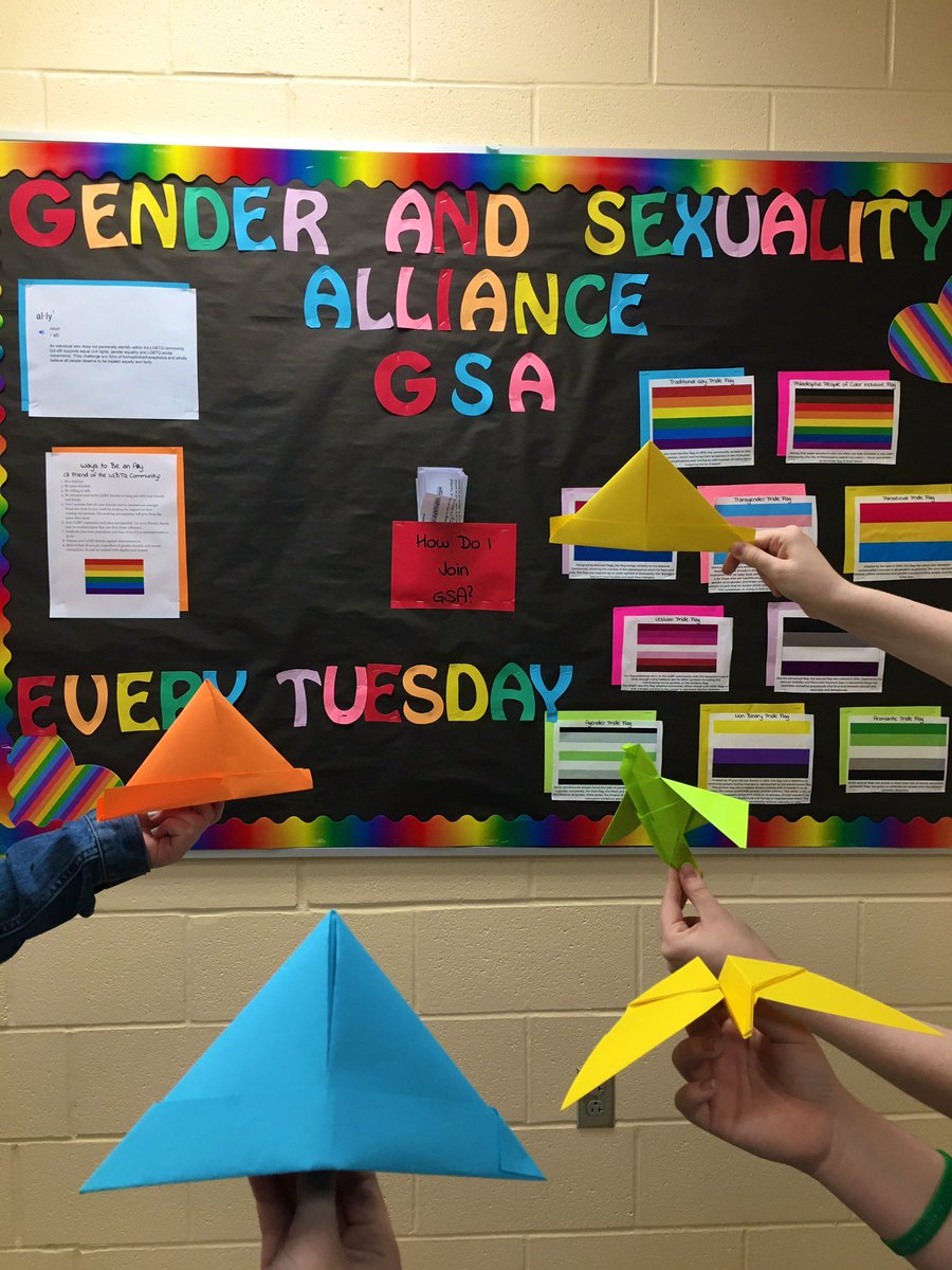 Today at in room 2207 we made colorful paper hats and Ms Thornberry worked on our club board! Stop by next GSA meeting on Tuesday the 11th for a discussion on healthy queer relationships! 🐻🏳️‍🌈