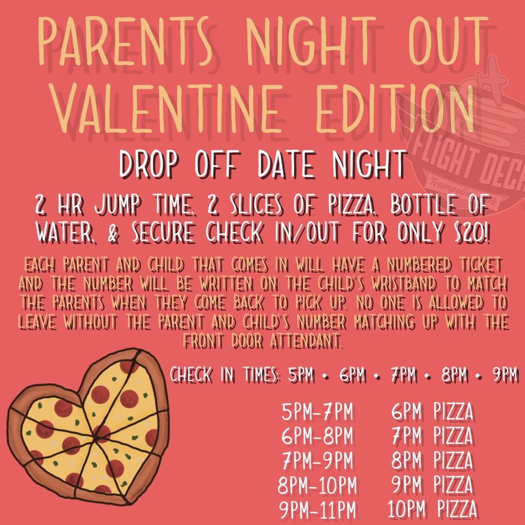 FlightDeckParks's tweet photo. Drop the kiddos off for Valentine’s Day Date Night! Food, drinks, and 2 hours of fun! Don’t worry we have a secure check out station to make sure everyone stays safe to ensure a successful date night! #Flightdeck https://t.co/lw2u595nUU