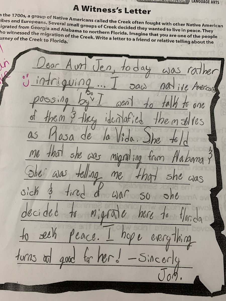 KBuck99's tweet photo. Students had to write a letter from the perspective of a person who witnessed the migration of the Creek Natvie Americans to FL. These kids have great imaginations! #WritingRockStars @EESpanthers @RoseAlonso3 @EES_4th_Graders https://t.co/ny53J4YU21