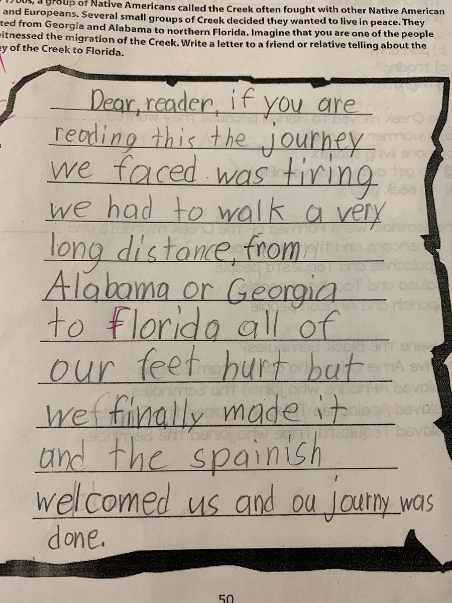 KBuck99's tweet photo. Students had to write a letter from the perspective of a person who witnessed the migration of the Creek Natvie Americans to FL. These kids have great imaginations! #WritingRockStars @EESpanthers @RoseAlonso3 @EES_4th_Graders https://t.co/ny53J4YU21