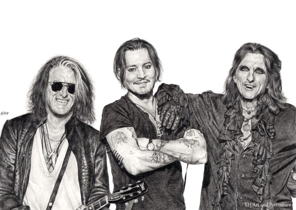 e_hemming_art's tweet photo. #happybirthday to the absolute legend that is @alicecooper ! Here is my portrait of Alice with two other legends, @JoePerry and #JohnnyDepp - otherwise known as @hollywoodvamps 

#legend #neverstoprocking https://t.co/MrmS12Nv00