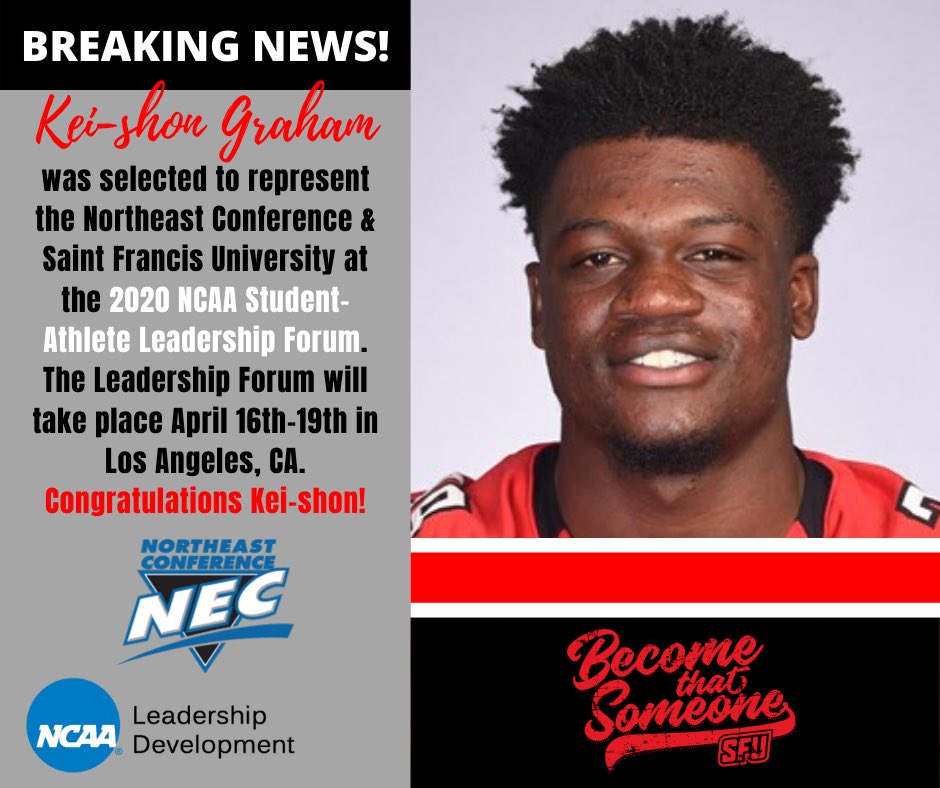 SFU_SADAS_FLI's tweet photo. BREAKING NEWS! Kei-shon Graham from @RedFlashFB has been selected to represent @SFUathletics &amp; @NECsports at the 2020 @NCAA Student-Athlete Leadership Forum! Congrats Kei-shon! 

⚡️President, Black Student Union 
⚡️SAAC E-Board 
⚡️SAMs Leadership Team
⚡️APPLE Leadership Team https://t.co/sADmjTRg6x