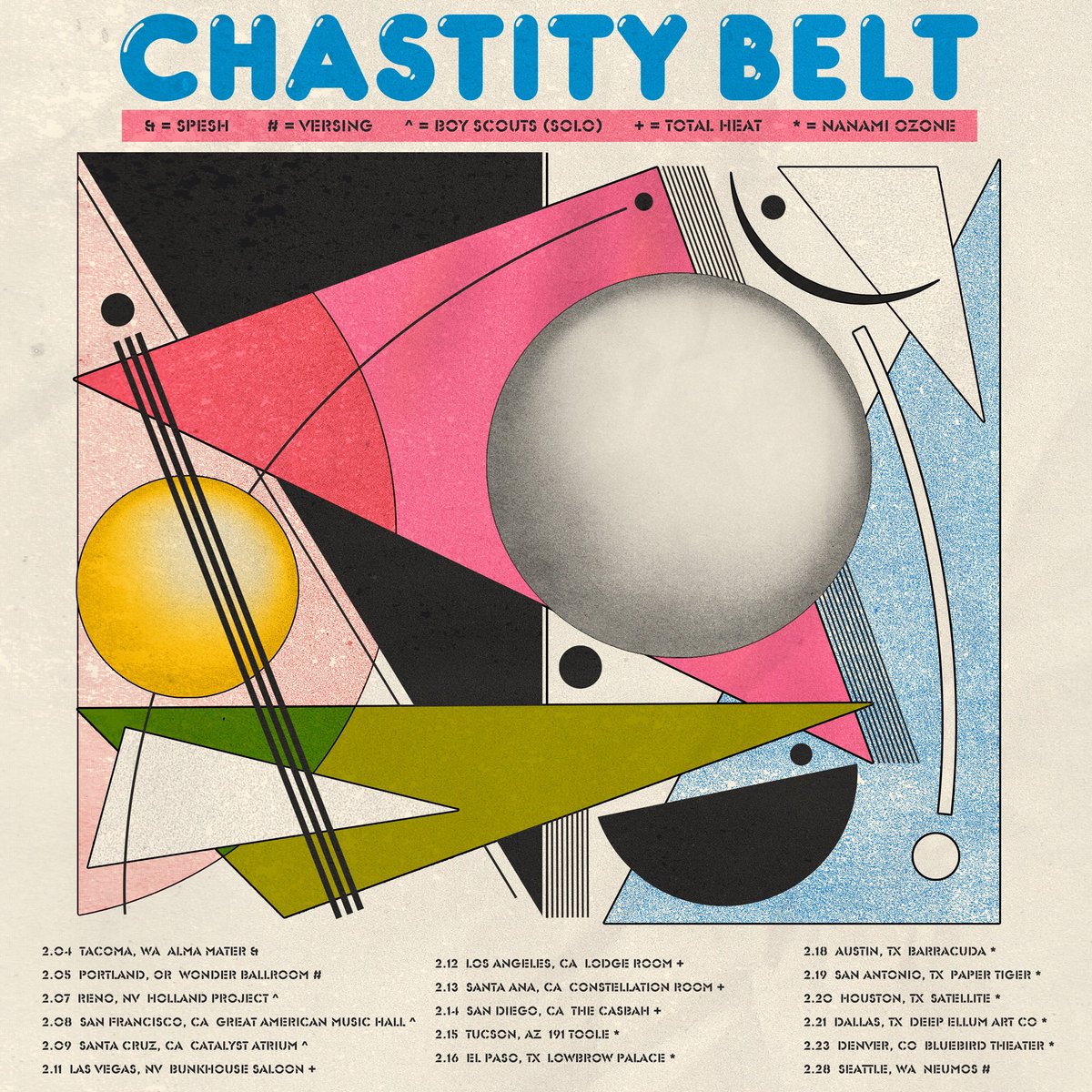 WE ARE TOURING WITH CHASTITY BELT !!! starts in 1 week :~)

2/15 tucson, az 191 toole
2/16 el paso, tx lowbrow palace
2/18 austin, tx barracuda
2/19 san antonio, tx paper tiger
2/20 houston, tx satellite 
2/21 dallas, tx deep ellum art coo
2/23 denver, co  bluebird theater