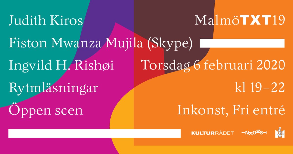 Nu på torsdag: Judith Kiros, Fiston Mwanza Mujila, Ingvild H. Rishøi, rytmläsningar och öppen scen. Välkomna!