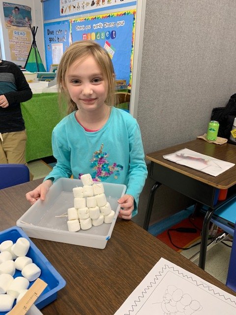 First_Grade_Fun's tweet photo. #STEM challenge in #firstgrade.  Who can make the tallest free standing snowman using marshmallows and toothpicks?  #rutlandne https://t.co/2N8cM209A7