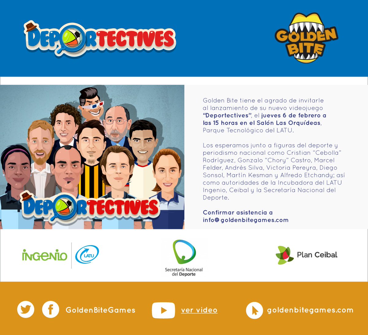 CAVI_UY's tweet photo. ¡Este jueves 6/2 ,en el salón las orquídeas del Latu,  se lanza Deportectives! @goldenbitegames te invita a celebrar este increíble lanzamiento con la presencia de numerosas estrellas uruguayas del deporte nacional! No te lo podes perder! https://t.co/1uWkYEGJpE