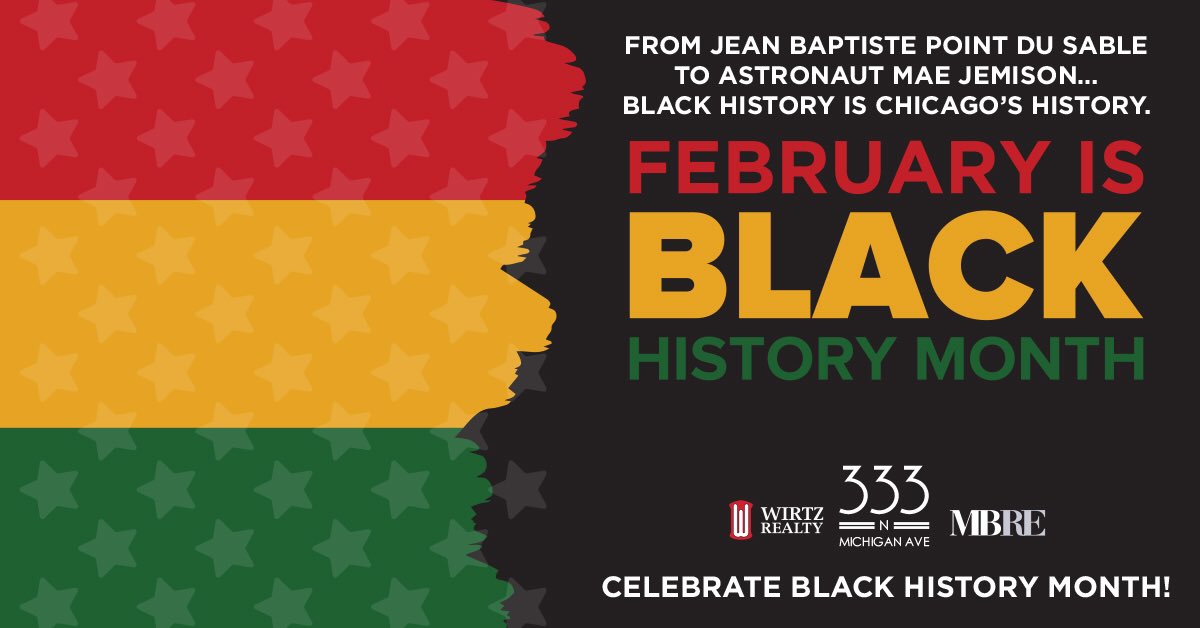 333NMichigan's tweet photo. For #BlackHistoryMonth, 333NM celebrates that Black history is Chicago’s history! From Jean Baptiste Point du Sable, the first non-Native American settler in Chicago, to astronaut Mae Jemison, Black Chicagoans have raised the Windy City to prominence #MBRECelebrates #333NMichigan https://t.co/TSkZFou8u1