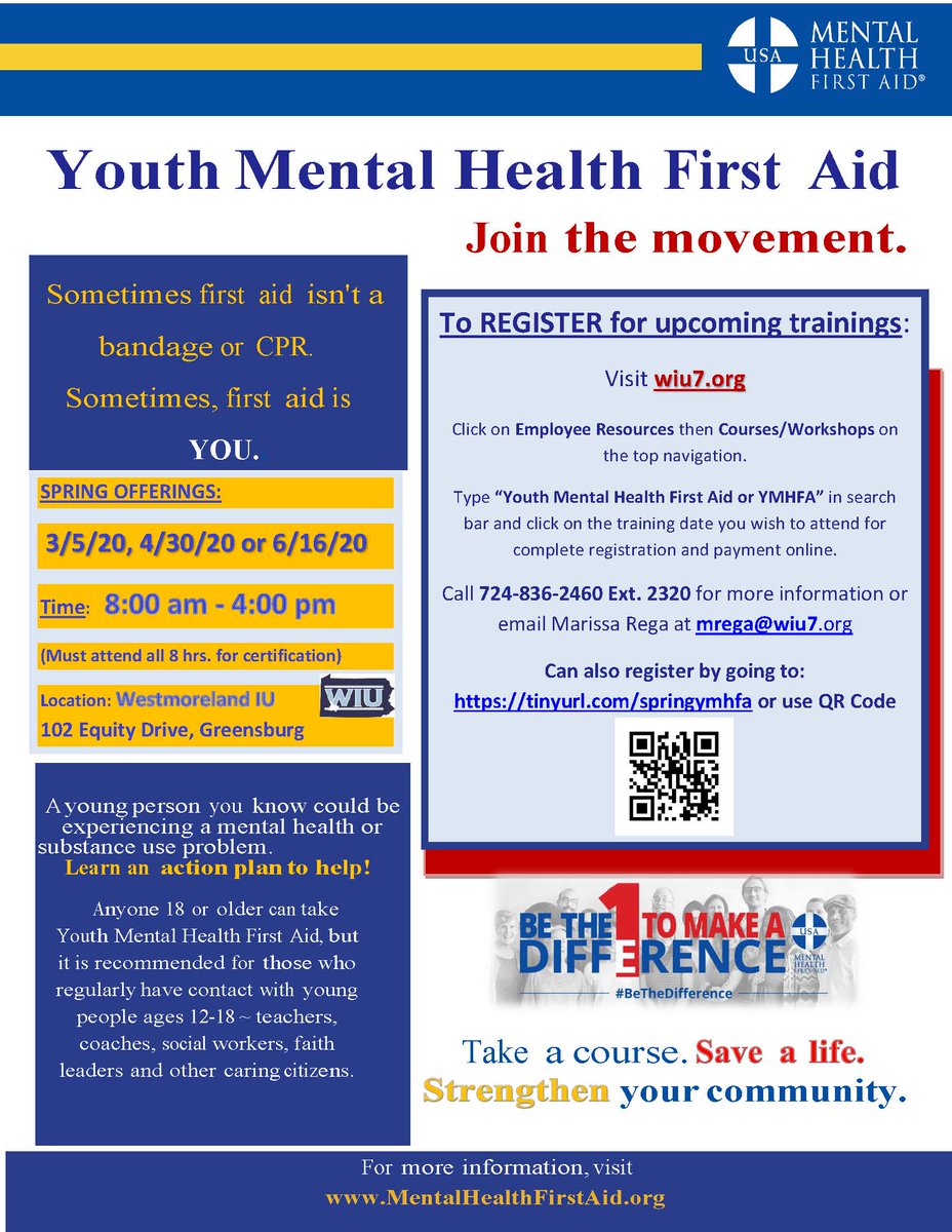 One in five youth will experience a mental health challenge at some point during their life.  Join us in our spring training sessions, and learn to use a 5-step action plan to help a youth in crisis. 
#YMHFA #Bethedifference