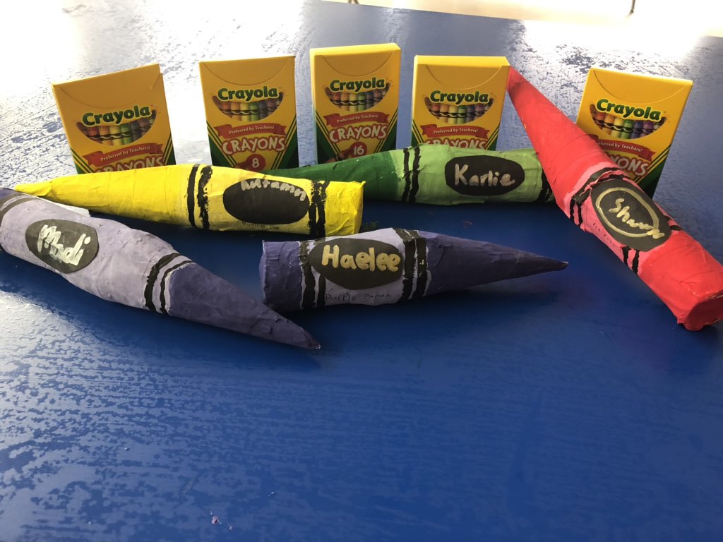 jim_les4's tweet photo. Crayon sculptures were a huge success!!! Awesome job to my artistic 3rd graders! We learned how to create an armature, use paper mache, and painted on the details. Students even named their own colors. #LoveMyLisd #Lockhartisd #BlueBonnetLions #BbeMasterBuilders https://t.co/ocbQjjZktB