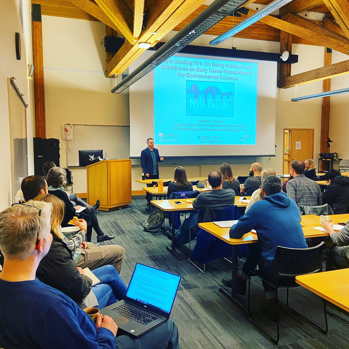 UBCForestry's tweet image. Professor Steven Cooke, @SJC_fishy, pulls on examples from his own successes and failures to dispel common myths held by researchers in today's Myth Busting 101 seminar. “We don’t need sky is falling papers; we need solutions.” #ubcforestry #forestryseminarseries #CarletonU