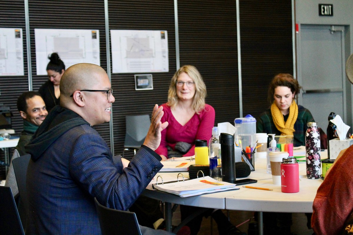Movement Coach Danyon Davis, Stage Manager Christina Hogan, Director Eric Ting, Voice and Dialect Coach Lisa Anne Porter, and actor Martha Brigham work on A.C.T.’s 2020 production of Gloria. Photo by Simon Hodgson.