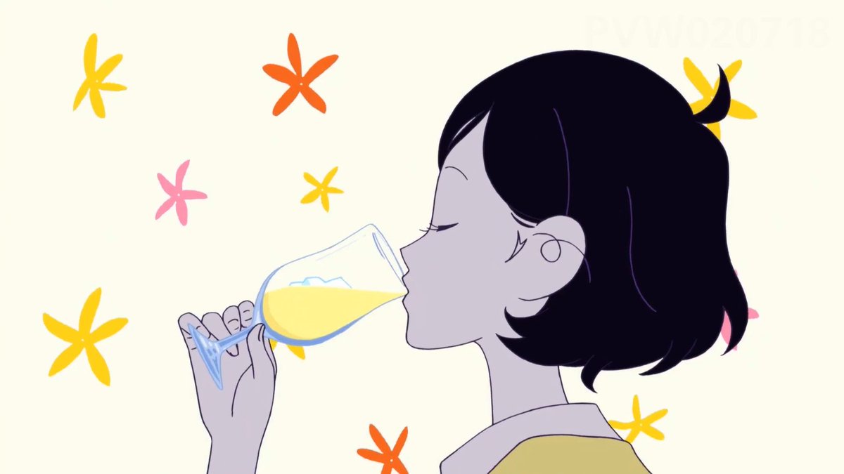 Against a white background with orange flowers, a girl with chin-length black hair and a yellow cardigan is delicately sipping a pina colada. Movie is THE NIGHT IS SHORT, WALK ON GIRL. 