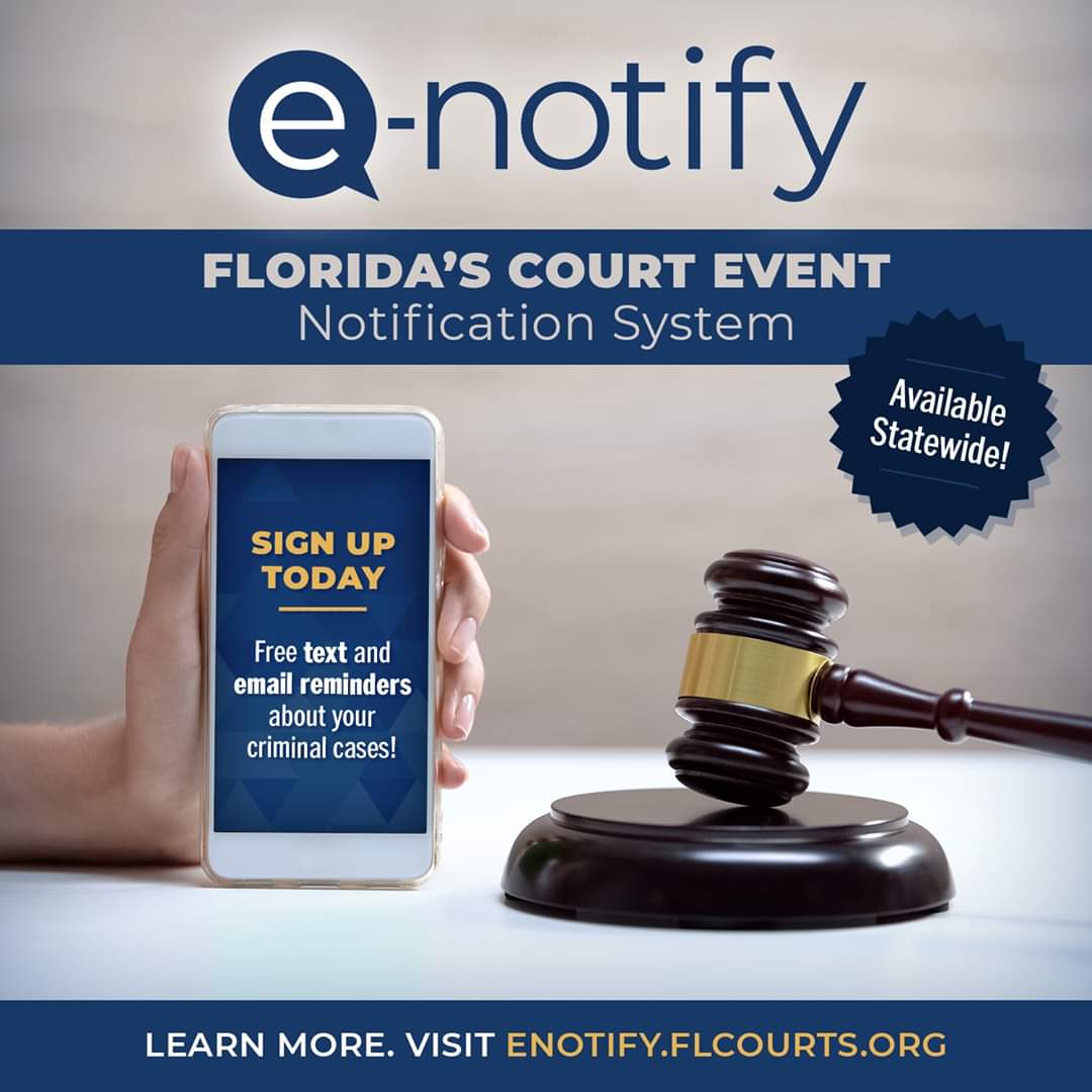 CitrusFLClerk's tweet image. Big news! #eNotify is now available for ALL Florida counties on the following case types: Felony (CF), Criminal Traffic (CT), and Misdemeanor (MM).
Sign up at eNotify.flcourts.org to receive text or email
notifications about criminal court events, such as hearings.   #FLClerks