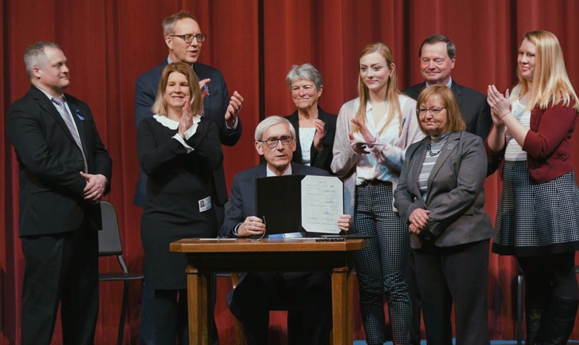 GraceQuade's tweet photo. Today I was honored to speak in front of my classmates, teachers, parents, and community members about the importance of peer-to-peer suicide prevention groups &amp; introduce Governor Tony Evers!! Thank you to Governor Evers for coming down to Milton to sign two important bills! https://t.co/6ms6NIhJKQ
