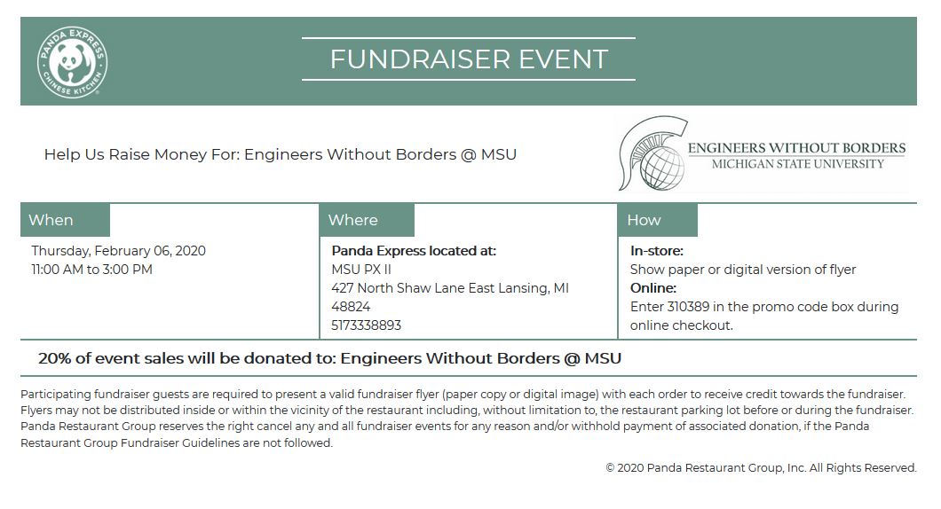 EWB_Spartans's tweet photo. This Thursday from 11-3, MSU-EWB will be hosting a fundraiser at the Panda Express in the International Center. Come out and support us if you have a chance! https://t.co/9Lmp6yB7Kz