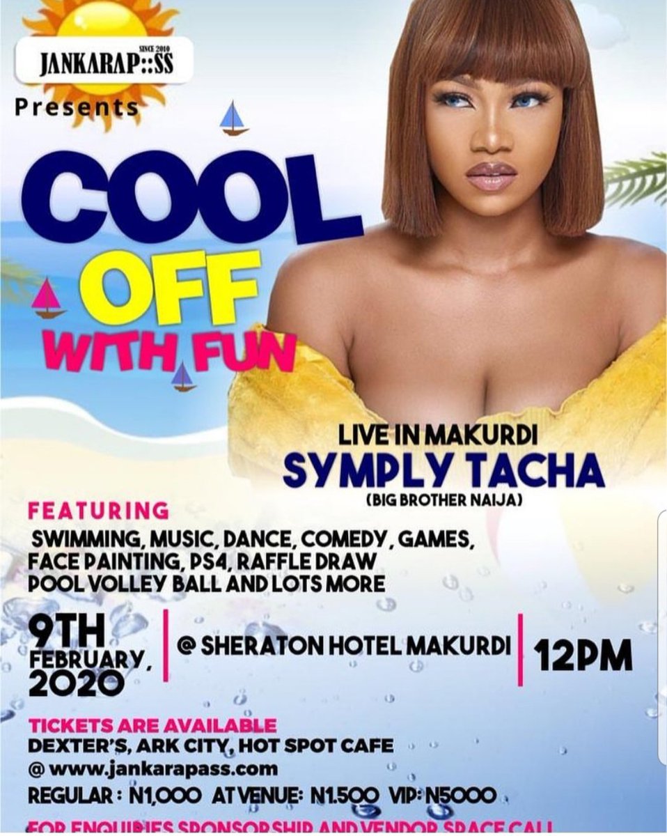zeal_africa's tweet photo. Make a date this Sunday Feb 9 at Sheraton Hotel, Makurdi, 12pm. Its the Cool Off With Fun with @Symply_Tacha. #TachaRealityShow #KeepingUpWithTacha https://t.co/KYJl5kYwsv⦠https://t.co/SwDv6yPZaR