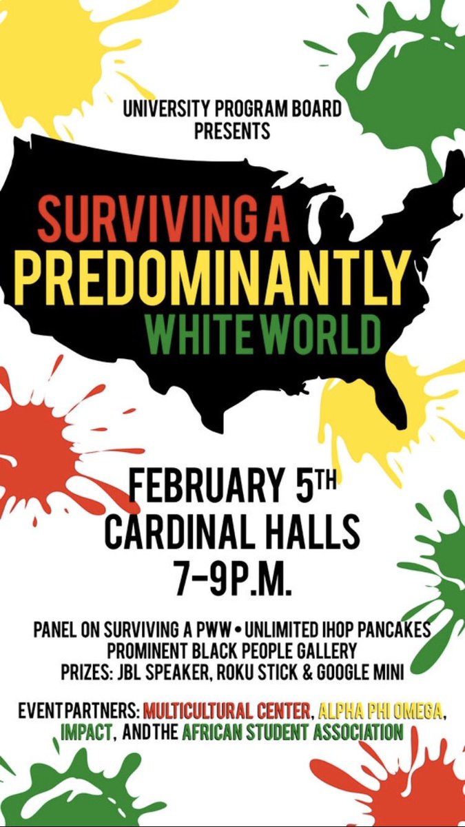 UPBatBSU's tweet photo. Tomorrow from 7-9pm in Cardinal Hall will be our event Surviving a Predominatly White World! Would love to see yalls beautiful faces there! https://t.co/129QzKLwnS