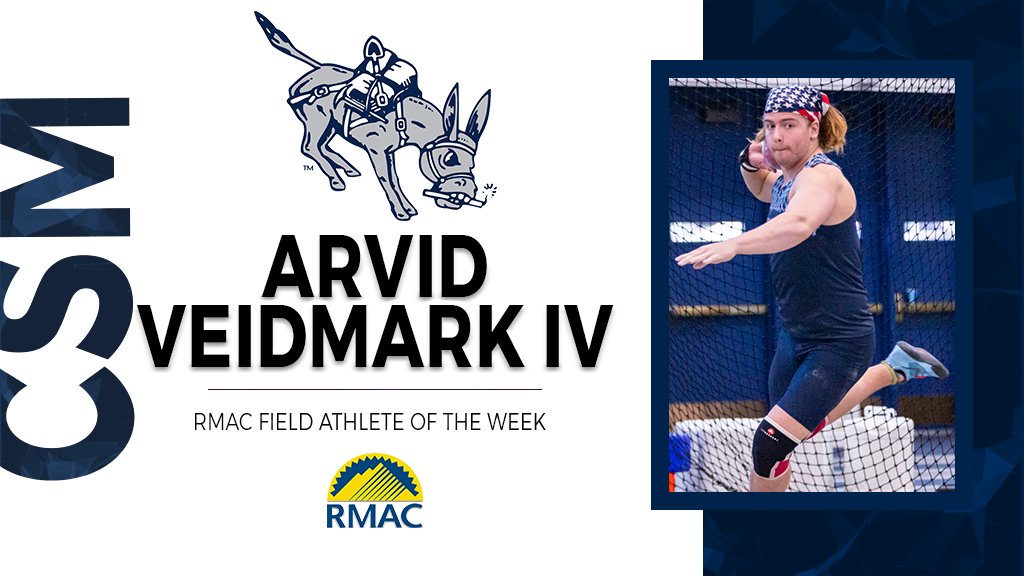 Arvid Veidmark IV of <a href="/MinesAthletics/">Mines Athletics</a> has been named #RMACtf Field Athlete of the Week! He put up the RMAC's #1 mark in the shot put over the weekend with a top mark of 16.86 meters (55-3.75). It proved to be a NCAA provisional qualifying mark.
#EverythingElevated