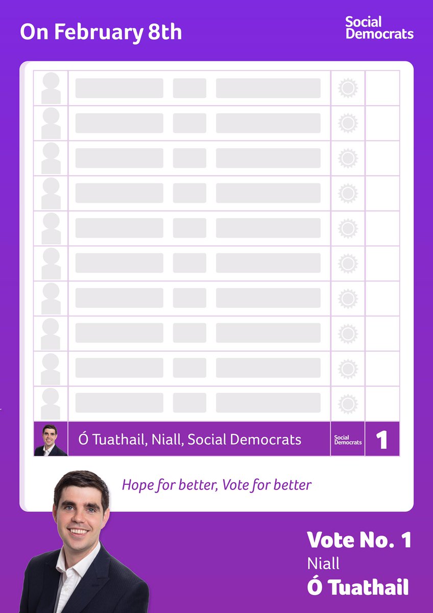 A mock ballot highlighting that Niall Ó Tuathail will be last name on the ballot, and encouraging people to vote Niall #1