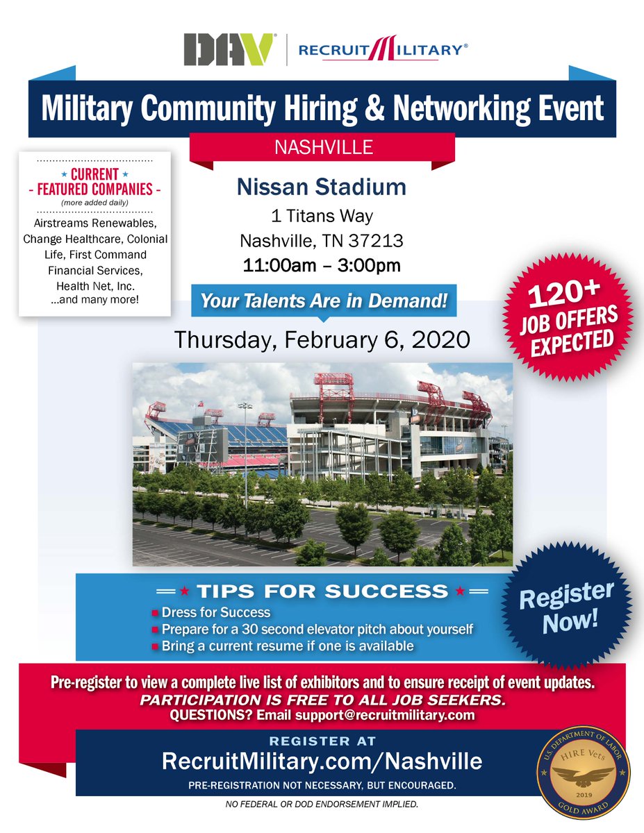 FortSfl's tweet photo. Soldier for Life-Transition Assistance ProgramDAV/ Recruit MilitaryNissan Stadium Feb 6, 2020from 1100-1500Your Talents Are in Demand Hiring &amp; Networking Event https://t.co/c9XXy47hRX