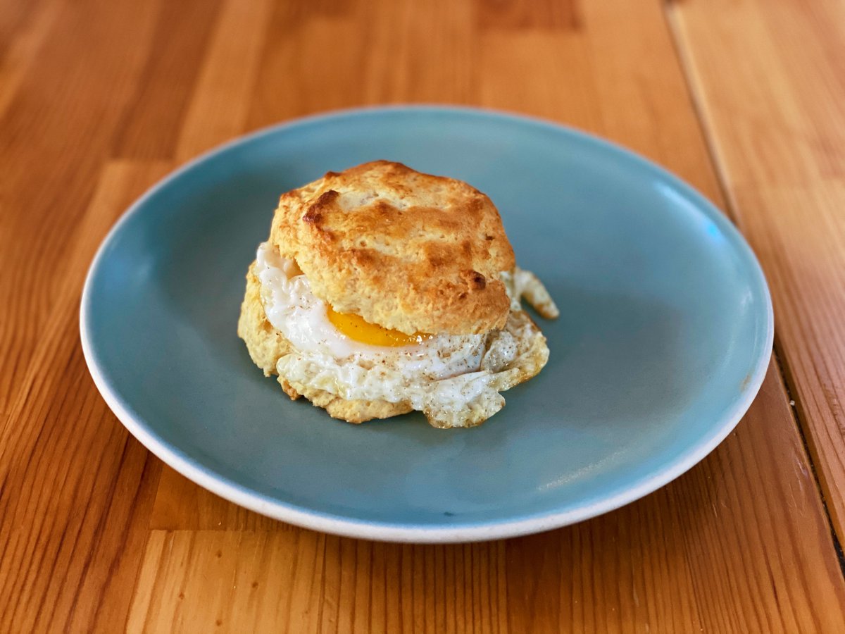 breakfastsando's tweet photo. Fried egg and a small amount of Colby jack on buttermilk biscuit https://t.co/r3pozQSAcv