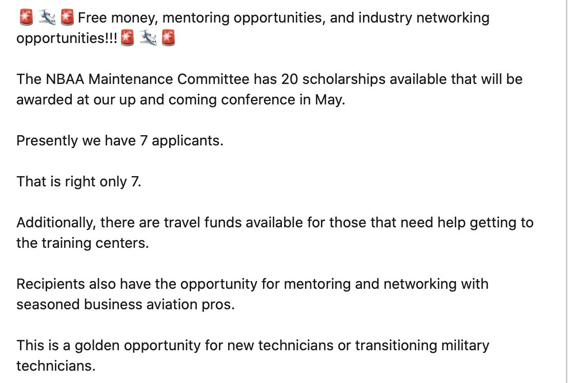 Free money for new aircraft mechanics trying to break into the industry. #nbaa #Scholarships #networking 

nbaa.org/professional-d…