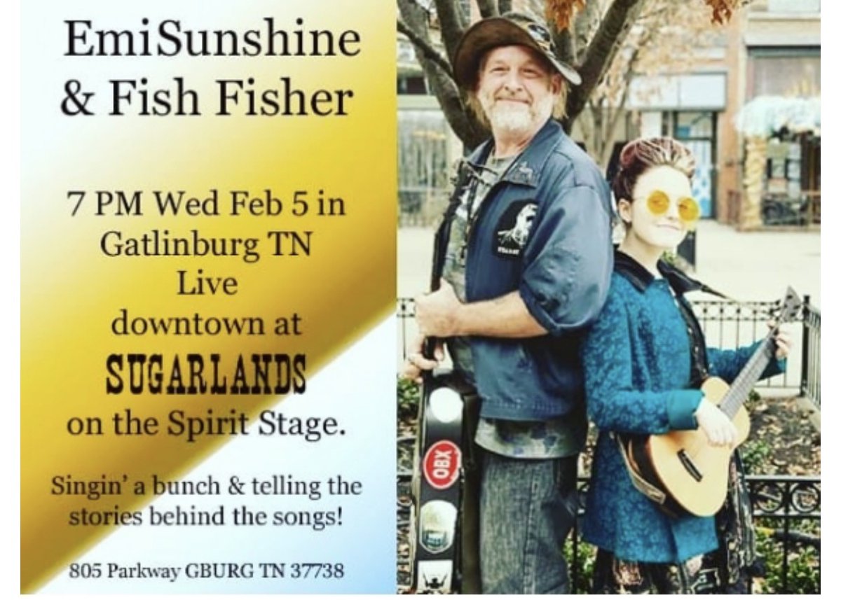 theemisunshine's tweet photo. This'll be fun... I'm performing with my friend Fish Fisher on Wed., 2/5, at @SugarlandsShine in @GatlinburgTN! He and I have written quite a few songs together, including some on my #FamilyWars album. No cover charge! https://t.co/dCvoZ13sJP @TravelGburg https://t.co/Vg54t4yFNq