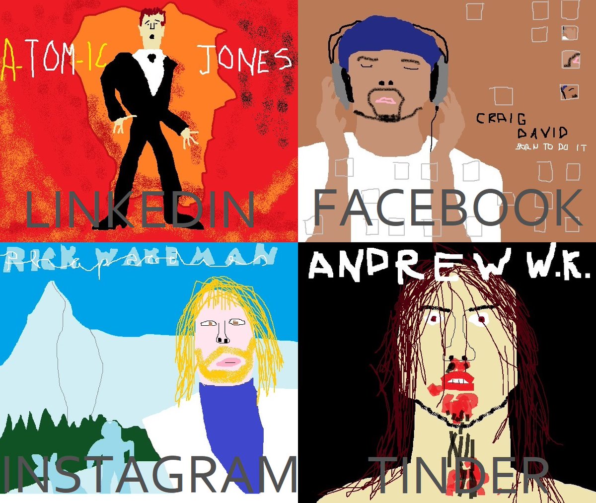 Are people still doing the Dolly Parton Challenge? Oh well, better two weeks late than never at all. So here's my many faces of social media, courtesy of <a href="/RealSirTomJones/">Tom Jones</a>, <a href="/CraigDavid/">Craig David</a>, <a href="/GrumpyOldRick/">Rick Wakeman CBE</a> and <a href="/AndrewWK/">Andrew W.K.</a> 
#AlbumCoversDrawnRealBad