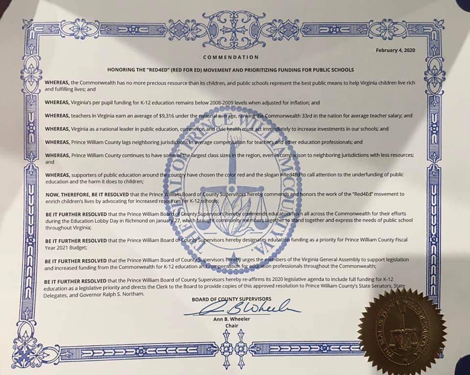 PrinceWilliamEA's tweet photo. Today, the Board of County Supervisors unanimously voted on Supervisor Kenny Boddye’s Red 4 Ed proclamation to support the students and educators of Prince William County, by ensuring PWCS are adequately funded. #Red4Ed https://t.co/W6s4dhLiRB