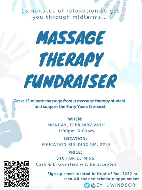 AllieSzusz's tweet photo. February 24th is our Massage Therapy Fundraiser! $10 for a 15 minute massage... it is perfect timing after reading week, helping you relax before you get back into things! Send a message if you are interested or use the QR code on the poster :) @uwindsored @EY_uwindsor @UWindsor https://t.co/TI2ot7iWt0