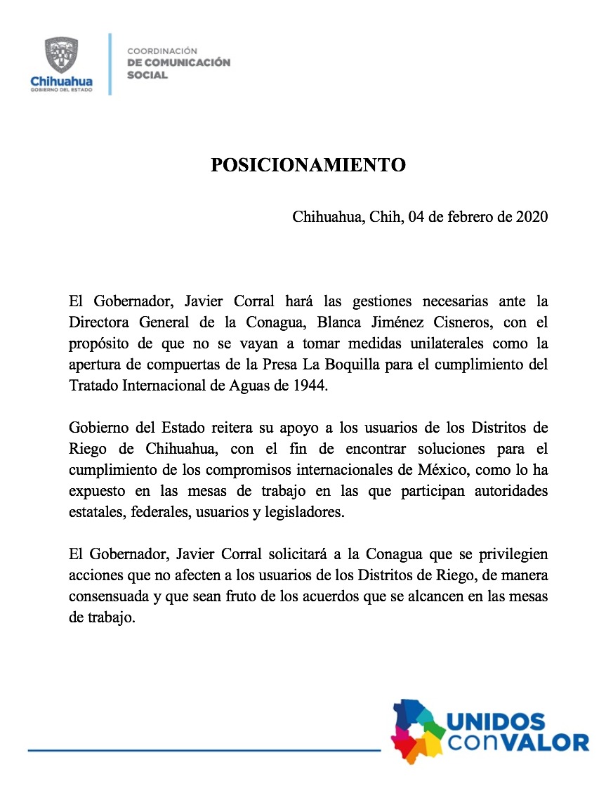 Javier_Corral's tweet photo. Comparto nuestro posicionamiento sobre la situación en la Presa La Boquilla donde reiteramos nuestro llamado a no tomar decisiones unilaterales como la apertura de las compuertas. https://t.co/UVzcoiAjxD