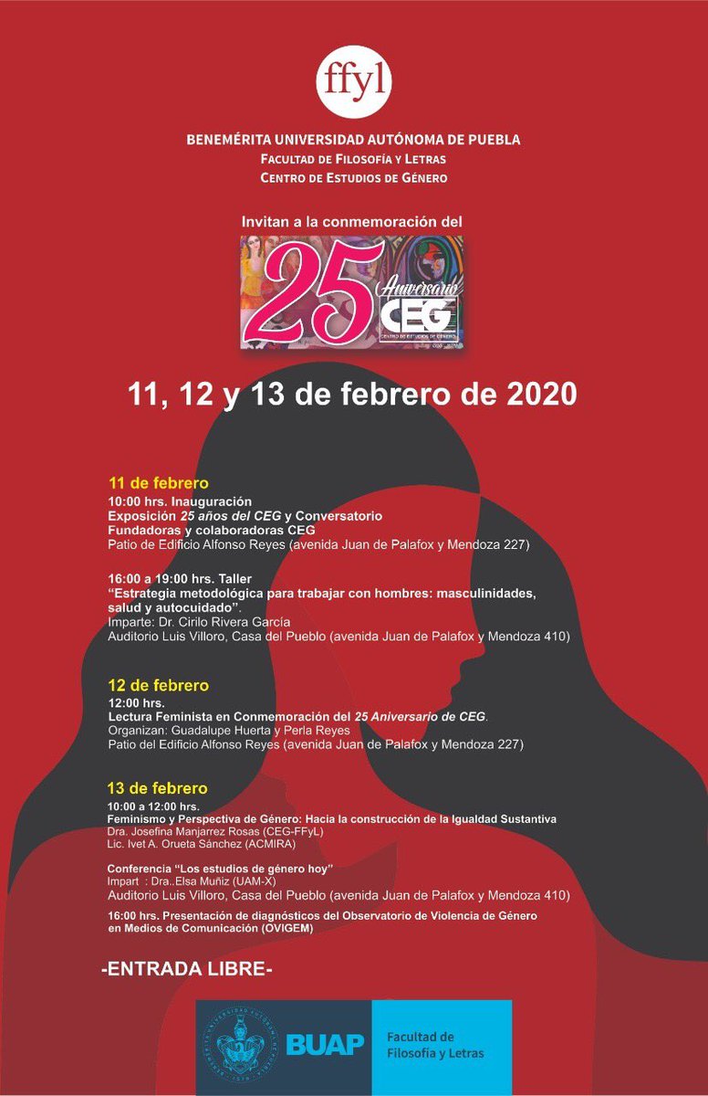 CiriloRivera's tweet photo. Allá nos vemos #25Aniversario #CEGFFyL #BUAP @ffylbuap @BUAPoficial @DAU_BUAP https://t.co/jlKkRaw0U5