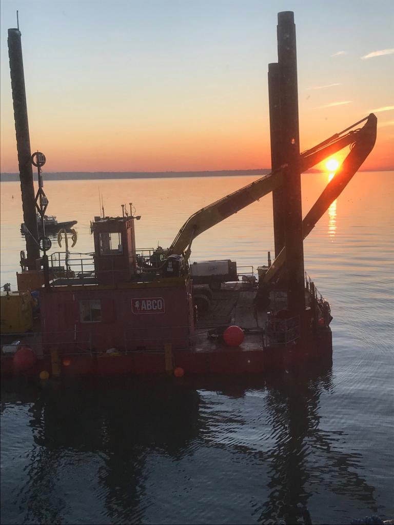 Capall Mara Backhoe Dredger and C57 JUB supporting nearshore installation works #abco #abcomarine #capallmara #jub #jackup #nearshore #marinecivilengineeringspecialists