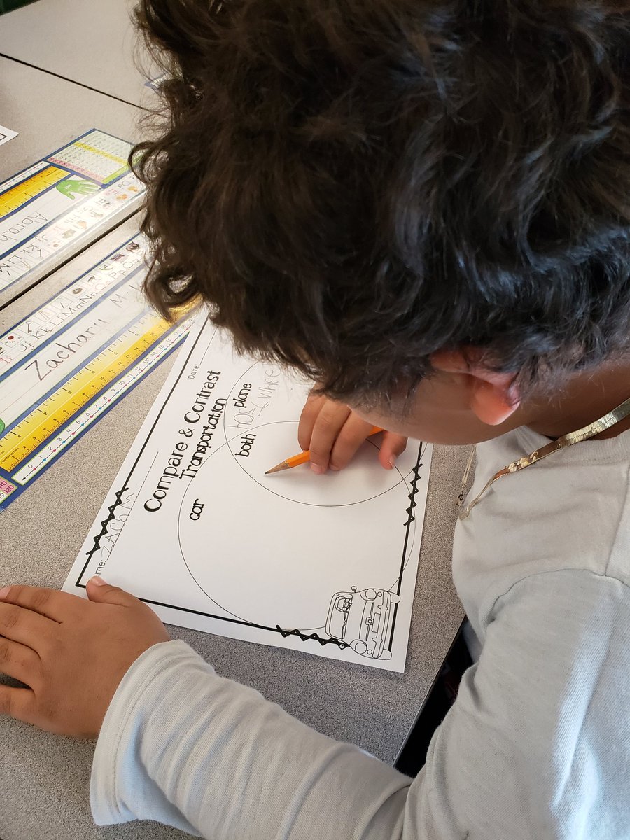 STEMtasticTeach's tweet photo. Using a Venn Diagram, we compared two different types of transportation. We learned that cars and planes have both similarities and differences. #mpcs #CES2020 @CESMiniCougars https://t.co/rmhqEOYcO7