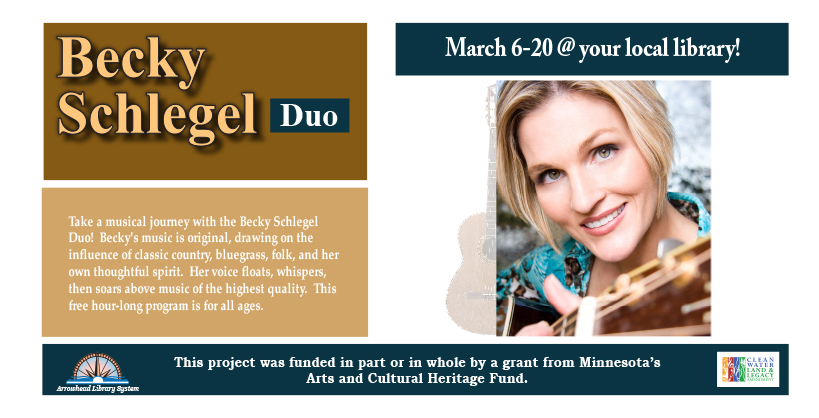 ALSLibraryNews's tweet photo. Please join us! Take a musical journey with the Becky Schlegel Duo! Becky’s music is original, drawing on influences of classic country, bluegrass, folk, and her own thoughtful spirit. For event times, visit: https://t.co/FDuAeXaI1a 

#arrowheadlibrarysystem #librarylegacy #achf https://t.co/cOZRJku61x