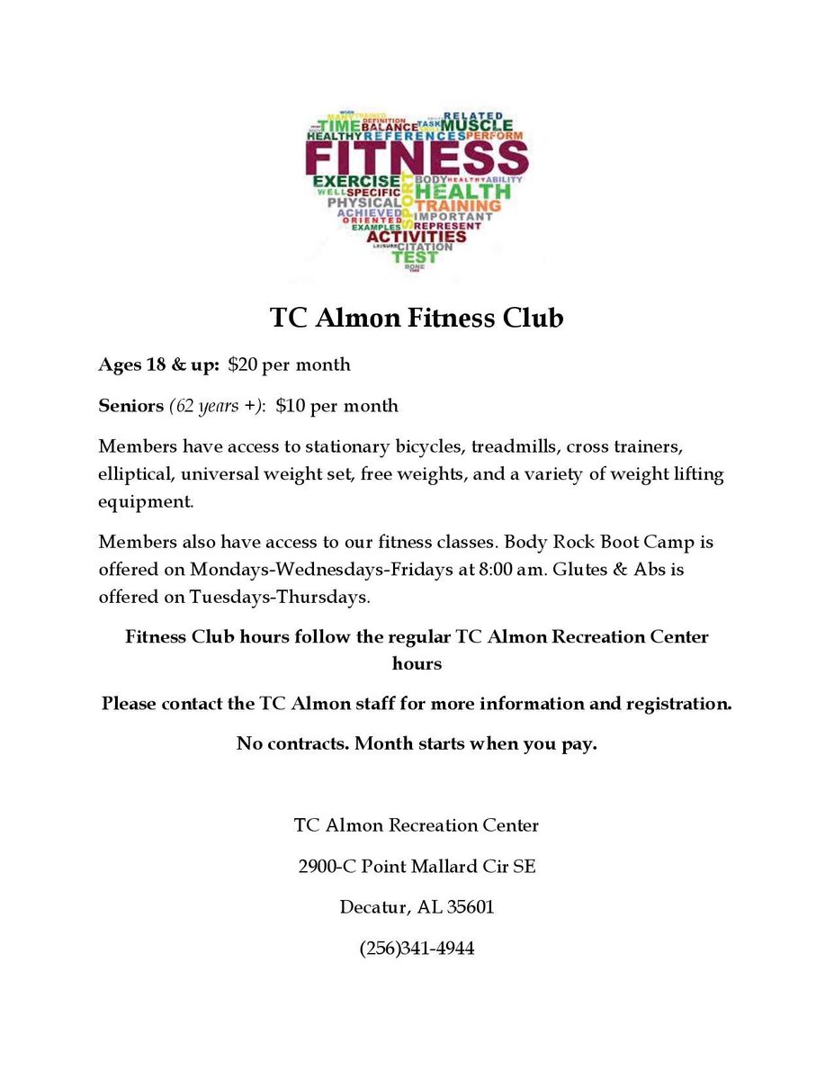 DecaturParks's tweet image. Benefits of joining TC Almon Fitness Center:
 
Affordable rates. NO contract. Clean and friendly atmosphere with a staff that can’t be beat!!

Call today for more info 256-341-4944