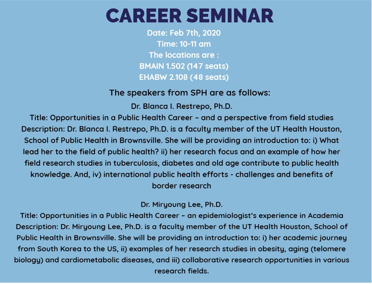 Career Seminar 
Date: Feb 7th, 10-11 am

The locations are :
BMAIN 1.502  (147 seats)
EHABW 2.108 (48 seats)