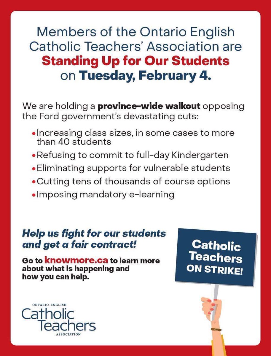 MsCano3's tweet photo. Standing in solidarity to defend our education system, because we believe that our students deserve the best opportunities possible. Thank you to our students and families for your support❤️❤️❤️❤️#NoCutsToEducation #OurKidsMatter #ClassSizesMatter @47Icn @YorkOECTA https://t.co/qn4ww8CnWd
