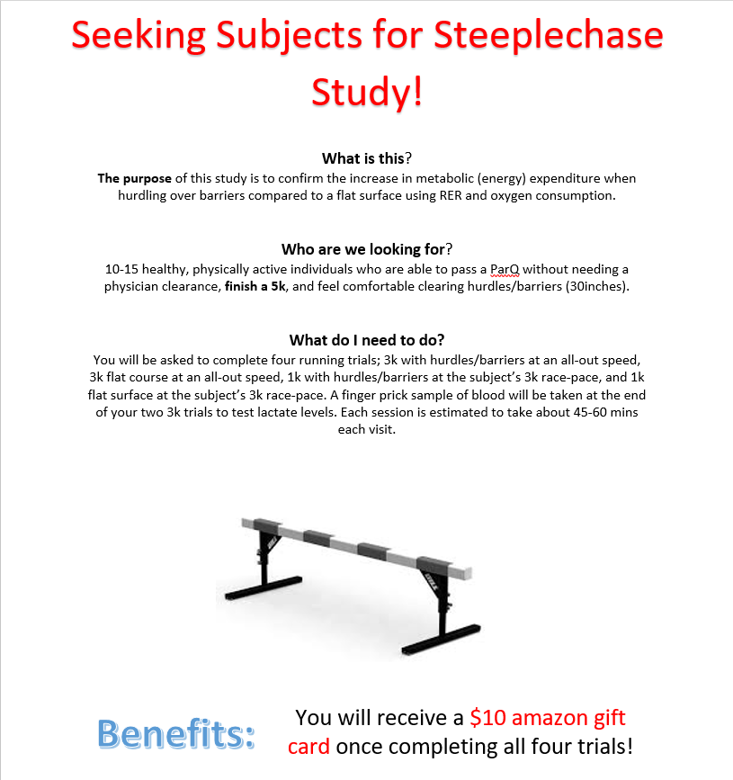 SAU_MSEP's tweet photo. Participants needed for a study examining energy expenditure when hurdling over barriers. Must be physically active, able to finish a 5k, and comfortable hurdling barriers. Contact Abby Hammer (hammerabigailc@sau.edu) if interested! $10 gift card awarded after participation! https://t.co/IWw5pd7swy