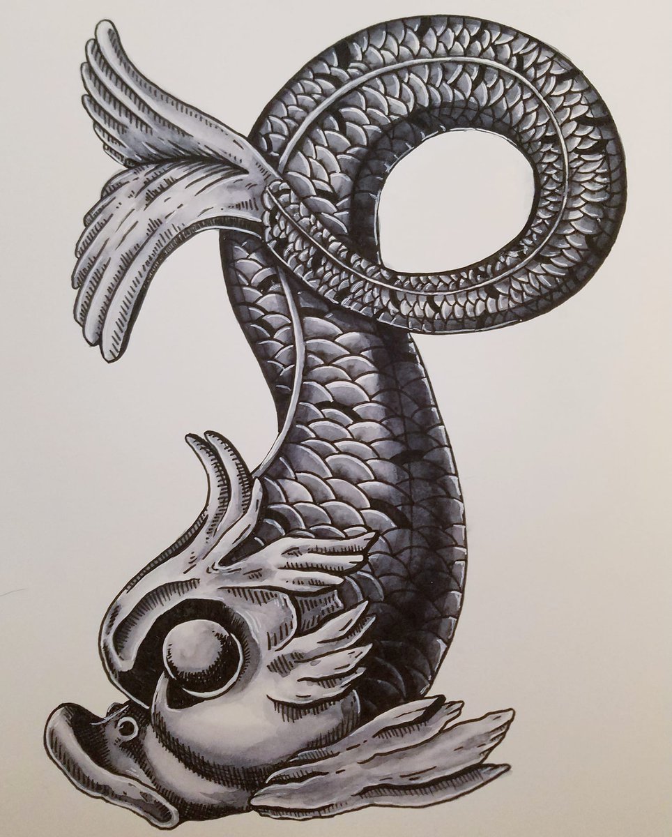 Recently finished an ink &amp; watercolor illustration of a #Renaissance dolphin 🐬.  I've always loved them &amp; was inspired by Bernini's Fontana del Tritone. It's going to be my next #tattoo! #Baroque #arthistory