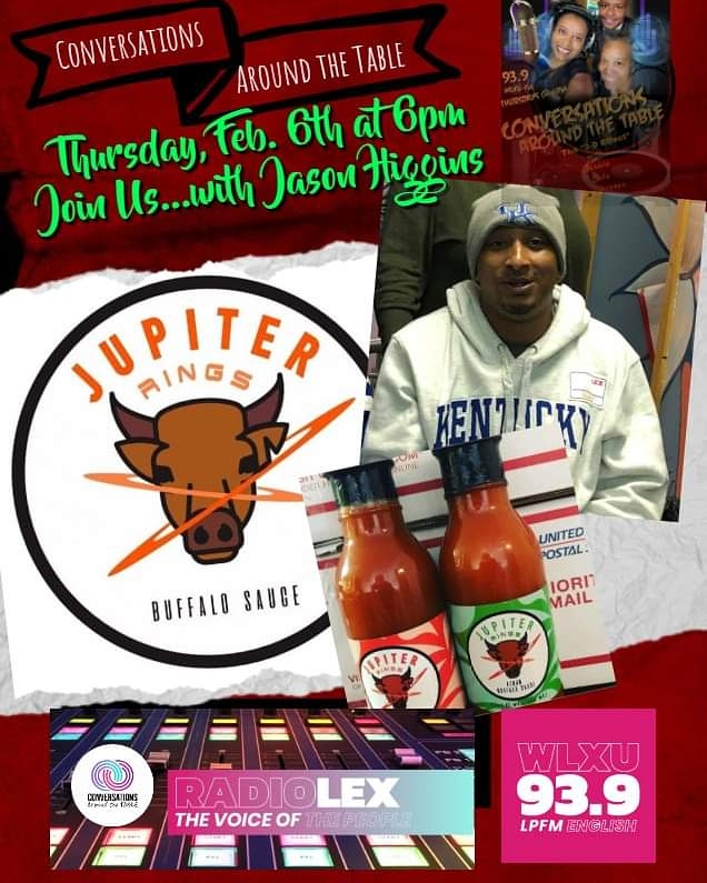ConversationsA4's tweet photo. You don't wanna miss this week's show!! Check us out Thursday at 6PM with Lexington's Own Jason Higgins. CEO/Owner of @JupiterRings Buffalo Sauce.
Conversations Around the Table with Dale Morgan &amp; Debora Logan Lawson WLXU FM https://t.co/4JySJGKIWy https://t.co/mhJmNTBJ0R