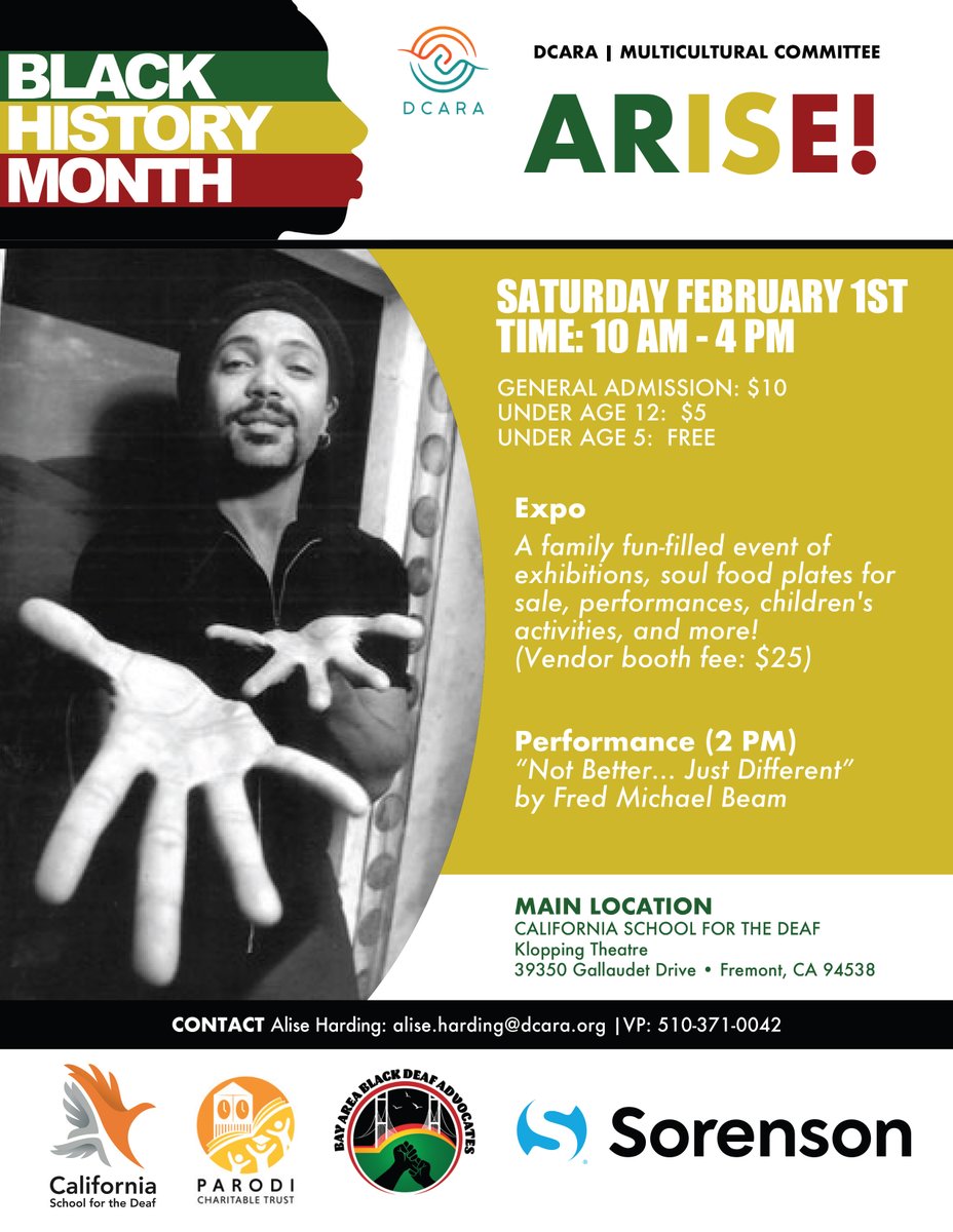 CSDTHAT's tweet image. Feb 1, from 10am – 4pm @ CSD Klopping Theater. A family fun-filled event of exhibitions, soul food plates for sale, performances, children&apos;s activities &amp;amp; MORE! Celebrating Black Deaf History Month w/Sunshine 2.0 &amp;amp; performance by Fred Michael Beam: “Not Better…Just Different.”