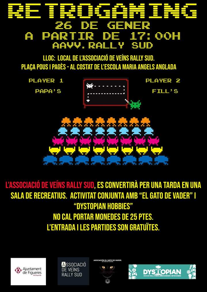 Empieza 2020 y los #retrogaming ya están aquí, ven a jugar el domingo 26 a las 17: 00H tendremos una colección con 250 juegos #arcade clásicos y  sorpresas de juegos #INDIE, y torneo de Street Fighter. 
lugar: AAVV Rally Sud, al lado del colegio Maria Àngels Anglada, Figueres
