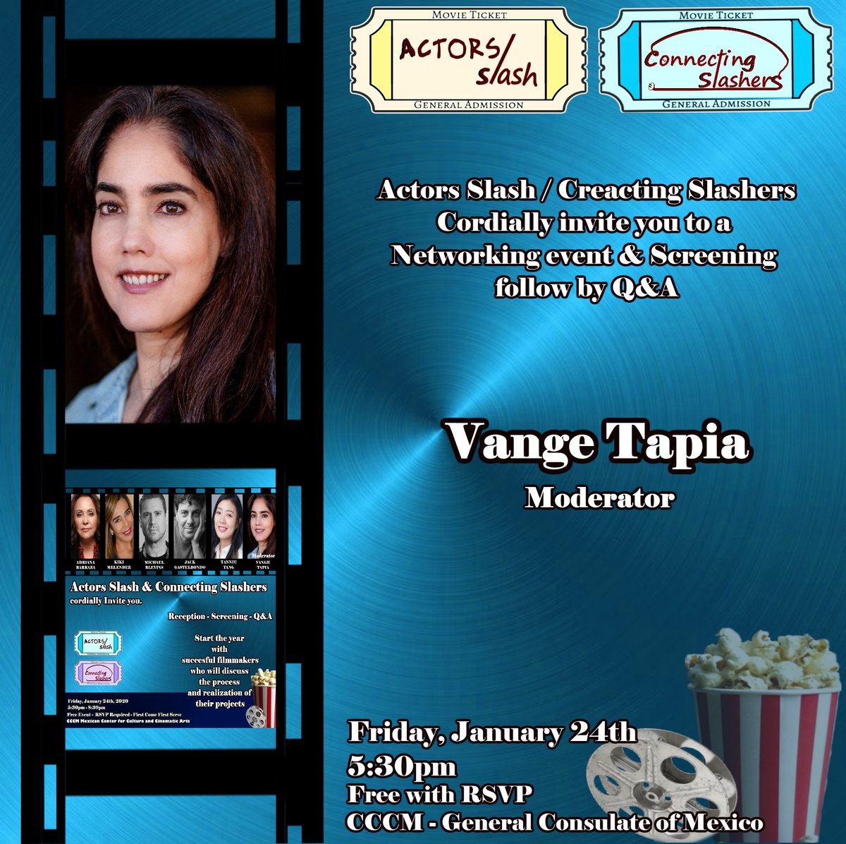 ActorsSlash's tweet photo. Actress / Producer @VangeTapia to host 1st event of the year. Free Reception, Screening + Q&A w/professionals in Entertainment - January 24th
@BarrazaAdriana, @KikiMelendez, #MichaelBlevins, @JackGastelbondo, #TannieXinTang @ActorsSlash
@ConnectSlash
RSVP https://t.co/OMMwtDwxhn https://t.co/jOuJHamdmb