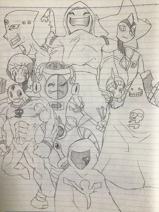 あとこれです…2003年か2004年頃に描いた初めての一次創作漫画の主要な敵キャラの軍団。
これは前にimgurにまとめたやつと見比べてみてね…(https://t.co/4eRqf3fCrs)
一部キャラは漫画内で後々登場したものだからこの絵に載ってないけど、一人ひとり見つけ出して写真とるの大変だからスルー。 